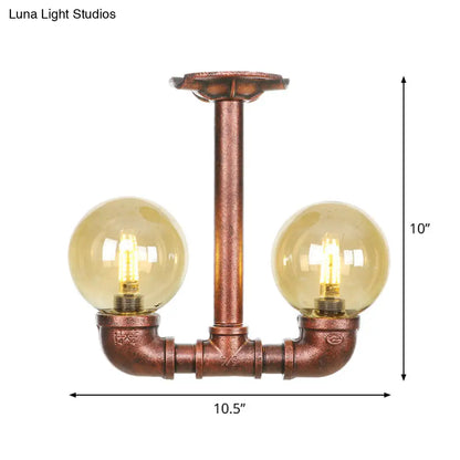 DecorBites™ DecorBites™ Rustic Amber Glass Semi Flush Light Fixture for Restaurants: Orb Design, 2 Copper Lights