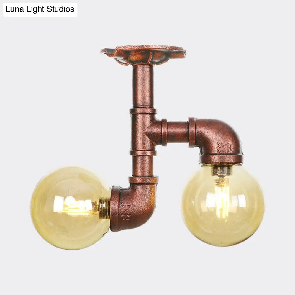 DecorBites™ DecorBites™ Rustic Amber Glass Semi Flush Light Fixture for Restaurants: Orb Design, 2 Copper Lights