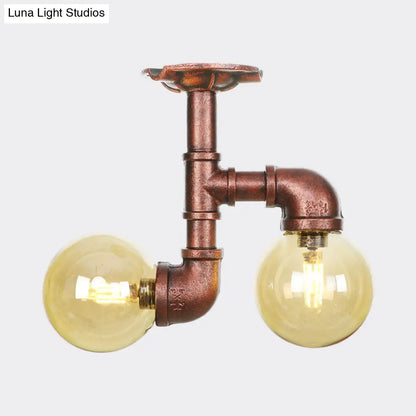 DecorBites™ DecorBites™ Rustic Amber Glass Semi Flush Light Fixture for Restaurants: Orb Design, 2 Copper Lights