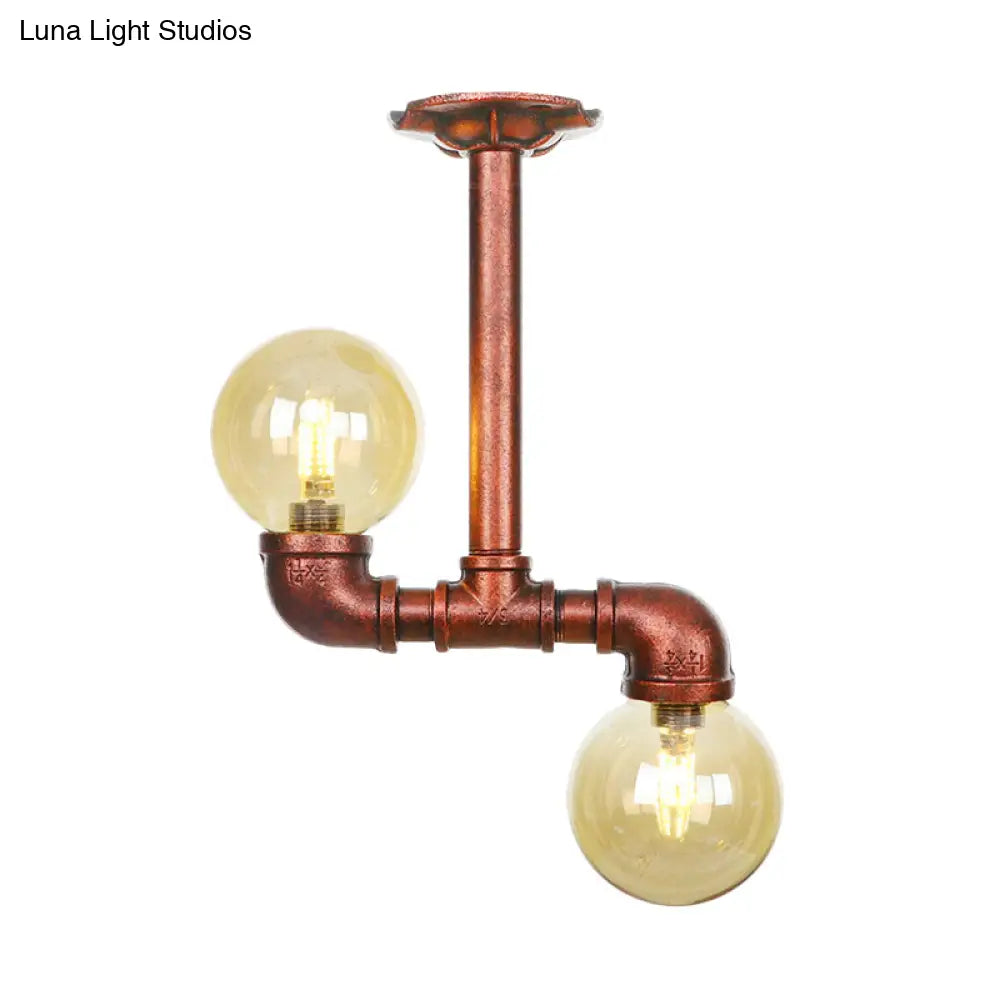 DecorBites™ DecorBites™ Rustic Amber Glass Semi Flush Light Fixture for Restaurants: Orb Design, 2 Copper Lights