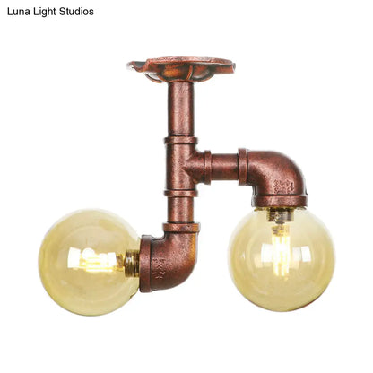 DecorBites™ DecorBites™ Rustic Amber Glass Semi Flush Light Fixture for Restaurants: Orb Design, 2 Copper Lights