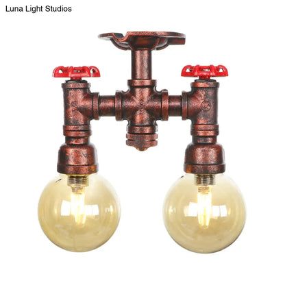 DecorBites™ DecorBites™ Rustic Amber Glass Semi Flush Light Fixture for Restaurants: Orb Design, 2 Copper Lights