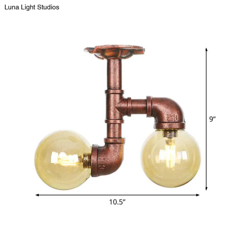 DecorBites™ DecorBites™ Rustic Amber Glass Semi Flush Light Fixture for Restaurants: Orb Design, 2 Copper Lights