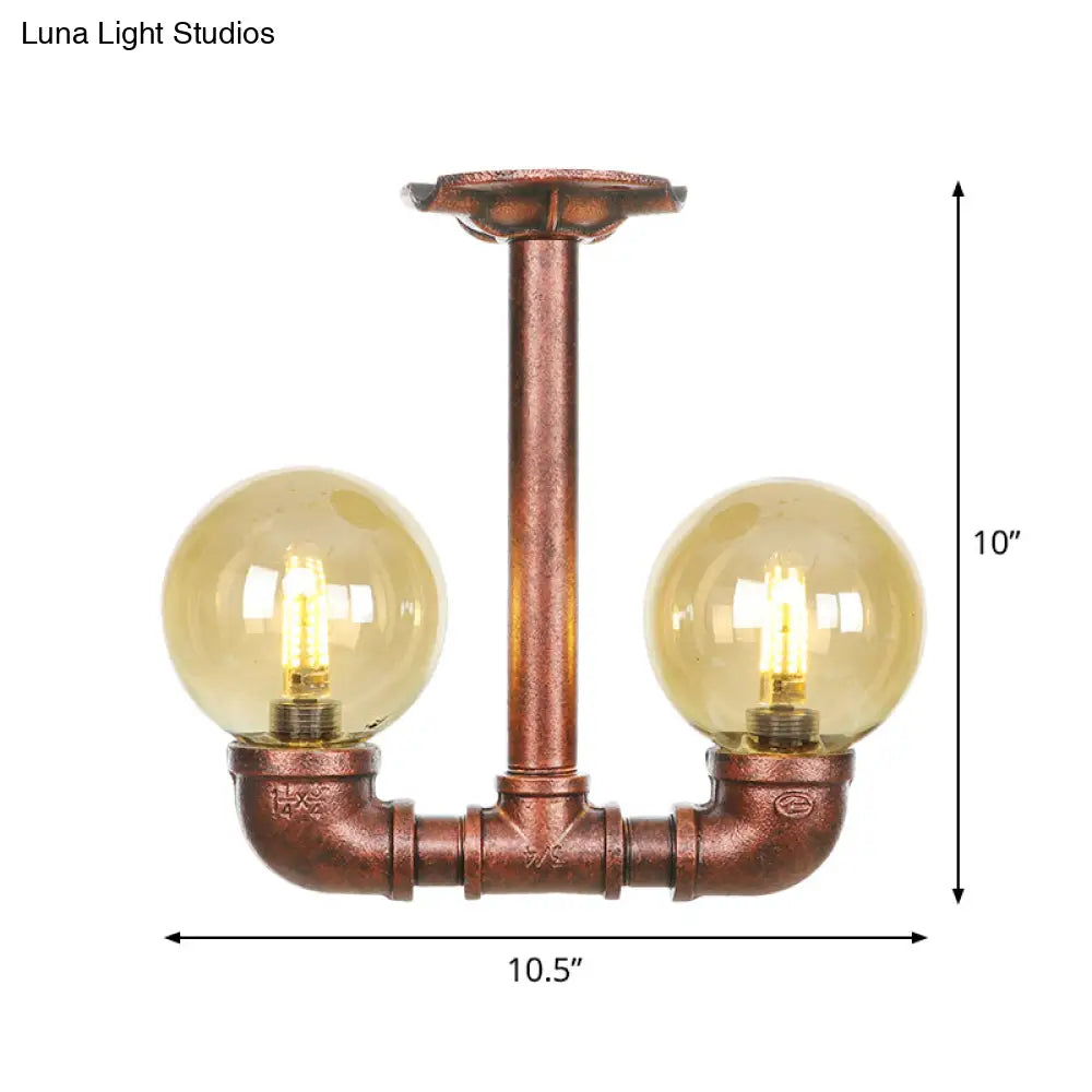 DecorBites™ DecorBites™ Rustic Amber Glass Semi Flush Light Fixture for Restaurants: Orb Design, 2 Copper Lights