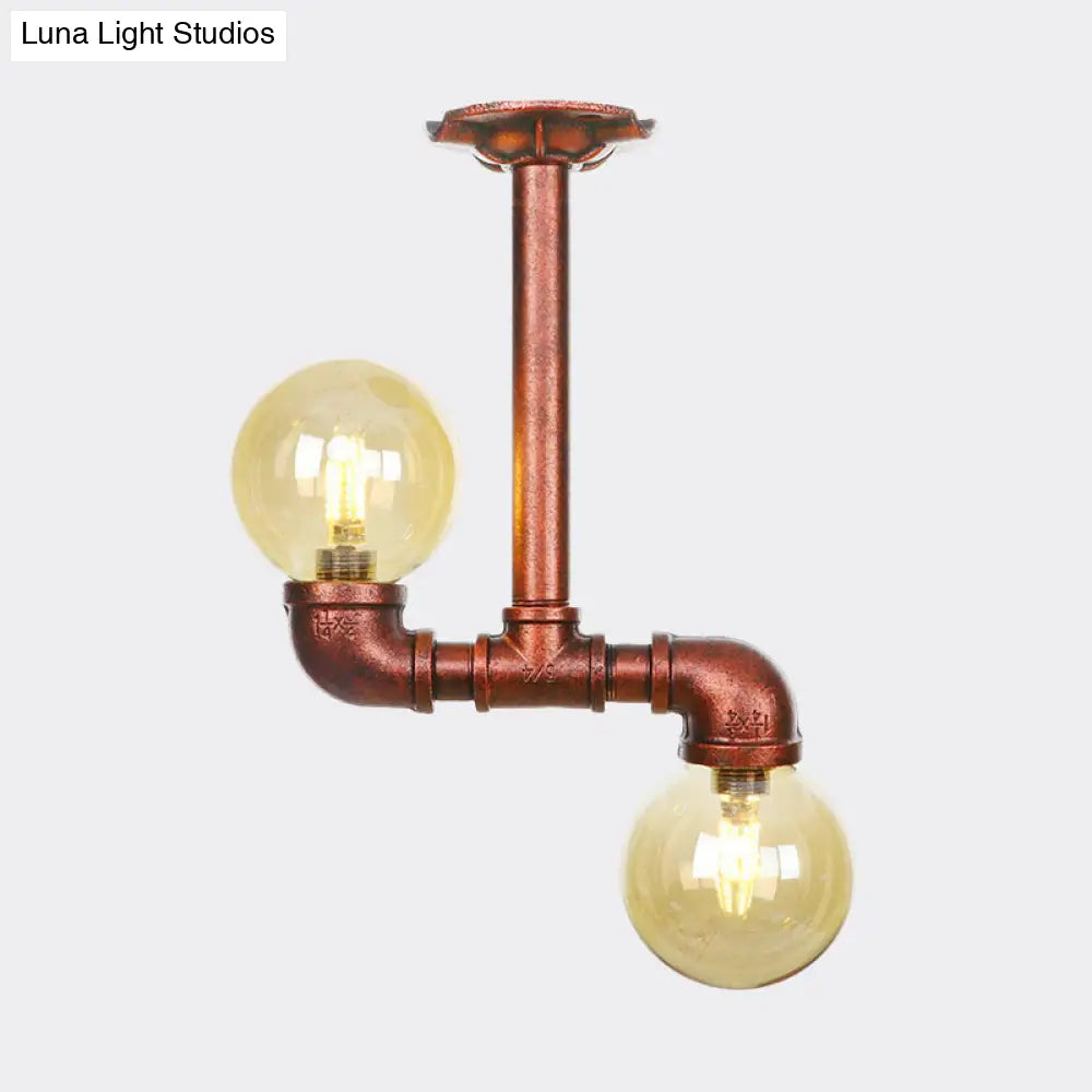 DecorBites™ DecorBites™ Rustic Amber Glass Semi Flush Light Fixture for Restaurants: Orb Design, 2 Copper Lights