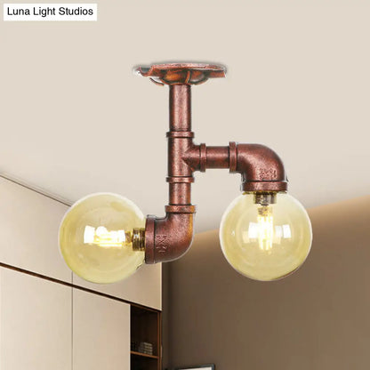 DecorBites™ DecorBites™ Rustic Amber Glass Semi Flush Light Fixture for Restaurants: Orb Design, 2 Copper Lights