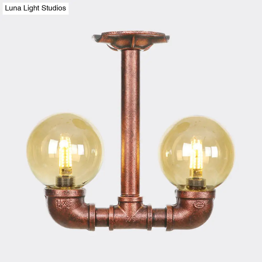 DecorBites™ DecorBites™ Rustic Amber Glass Semi Flush Light Fixture for Restaurants: Orb Design, 2 Copper Lights