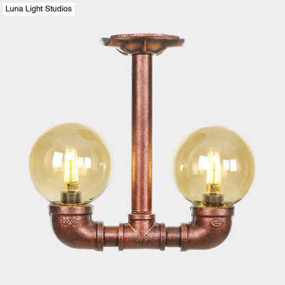 DecorBites™ DecorBites™ Rustic Amber Glass Semi Flush Light Fixture for Restaurants: Orb Design, 2 Copper Lights