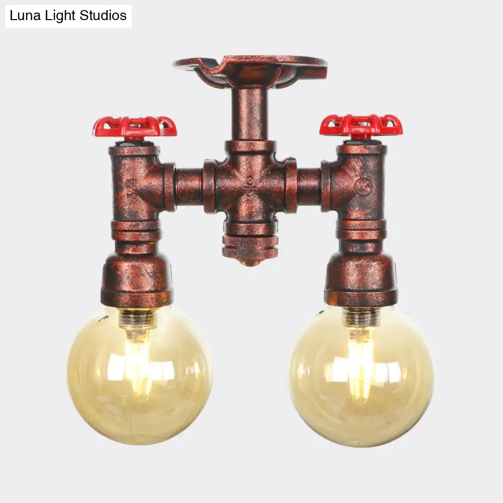 DecorBites™ DecorBites™ Rustic Amber Glass Semi Flush Light Fixture for Restaurants: Orb Design, 2 Copper Lights