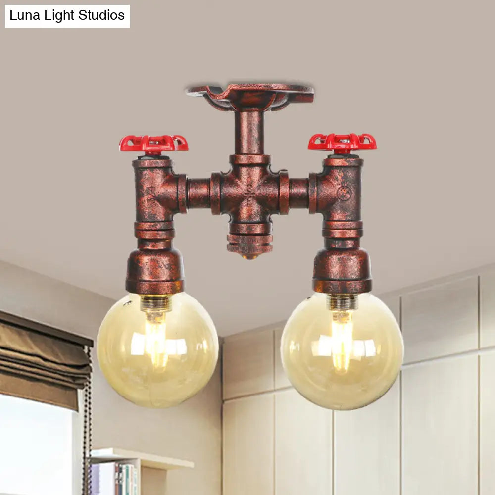 DecorBites™ DecorBites™ Rustic Amber Glass Semi Flush Light Fixture for Restaurants: Orb Design, 2 Copper Lights