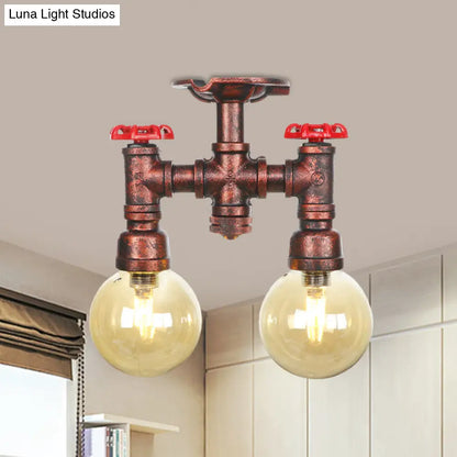 DecorBites™ DecorBites™ Rustic Amber Glass Semi Flush Light Fixture for Restaurants: Orb Design, 2 Copper Lights