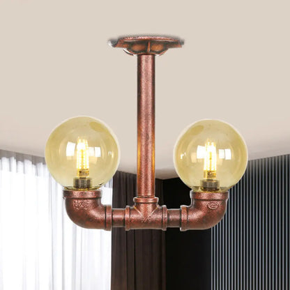 DecorBites™ DecorBites™ Rustic Amber Glass Semi Flush Light Fixture for Restaurants: Orb Design, 2 Copper Lights