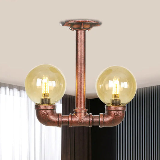 DecorBites™ DecorBites™ Rustic Amber Glass Semi Flush Light Fixture for Restaurants: Orb Design, 2 Copper Lights