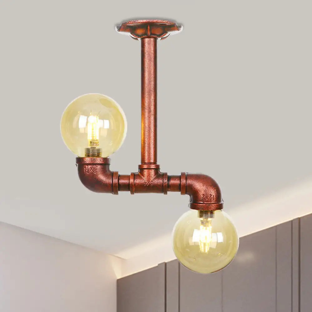 DecorBites™ DecorBites™ Rustic Amber Glass Semi Flush Light Fixture for Restaurants: Orb Design, 2 Copper Lights
