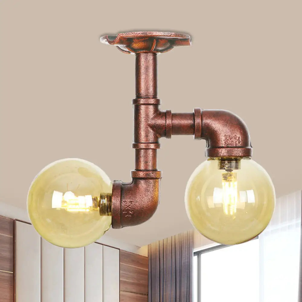 DecorBites™ DecorBites™ Rustic Amber Glass Semi Flush Light Fixture for Restaurants: Orb Design, 2 Copper Lights