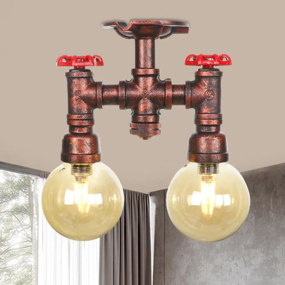 DecorBites™ DecorBites™ Rustic Amber Glass Semi Flush Light Fixture for Restaurants: Orb Design, 2 Copper Lights