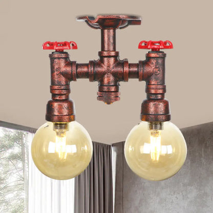 DecorBites™ DecorBites™ Rustic Amber Glass Semi Flush Light Fixture for Restaurants: Orb Design, 2 Copper Lights