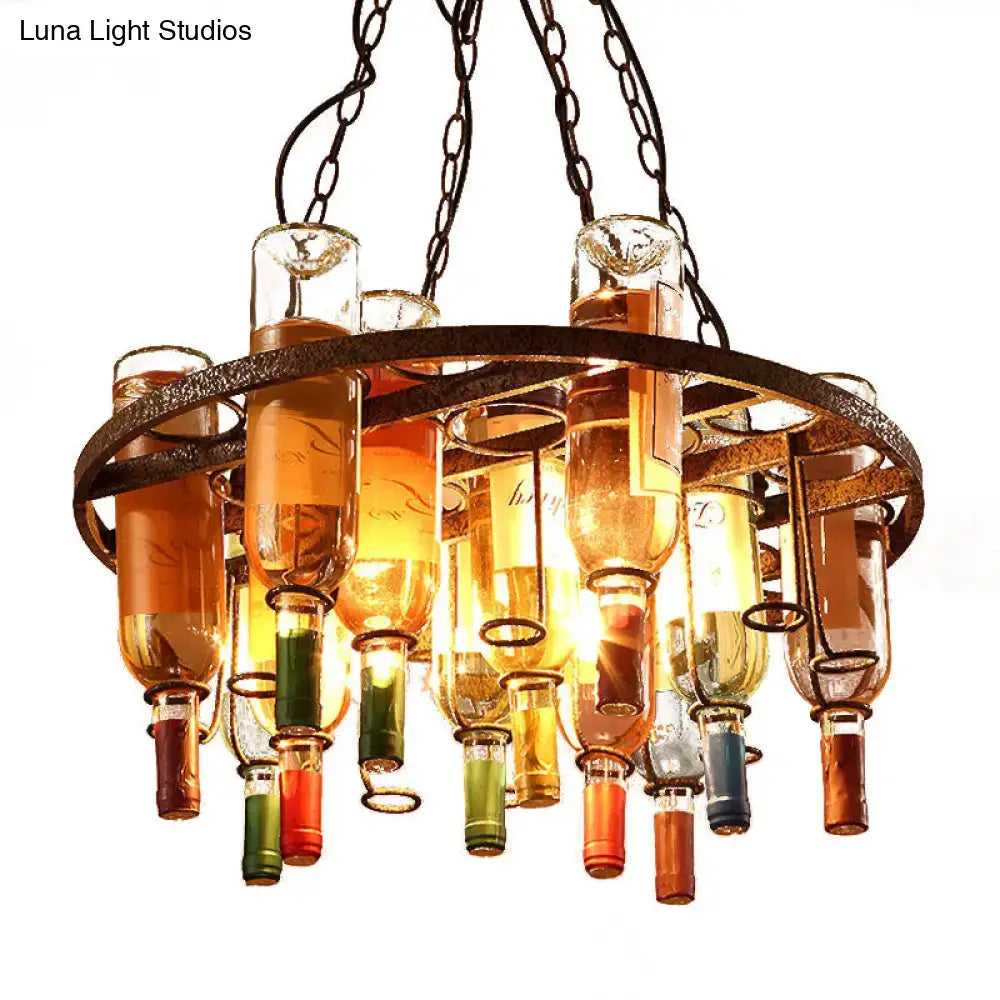Rustic amber wine bottle chandelier kitchen led pendant light with repurposed colorful bottles and dark metal chains 220v-240v 110v-120v