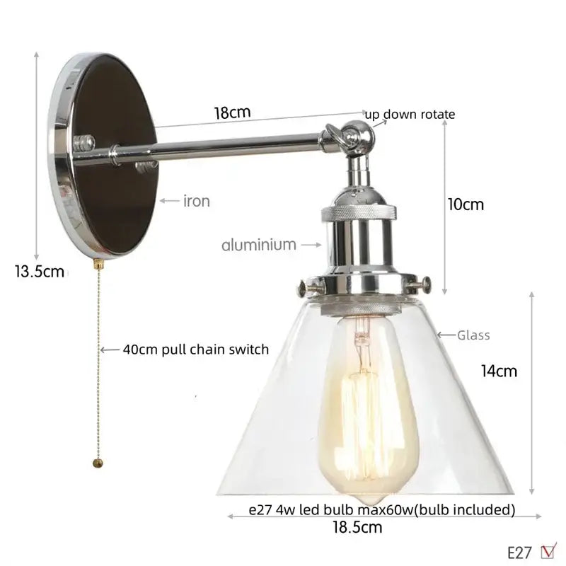 Rustic antique copper wall sconce with chrome iron and aluminum arm and clear glass shade housing edison bulb decorbites clear glass