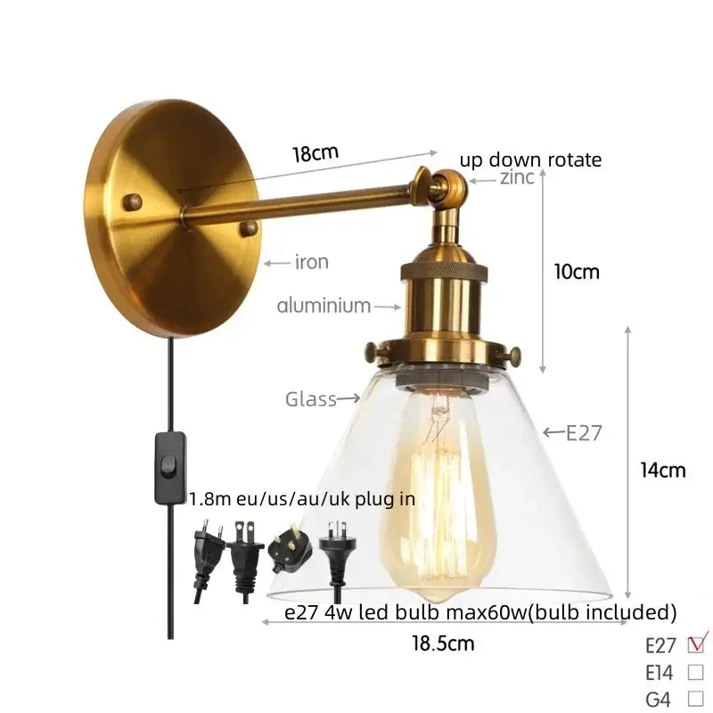 Rustic antique copper wall sconce with brass finish clear glass shade and e27 led bulb for bedroom decorbites clear glass