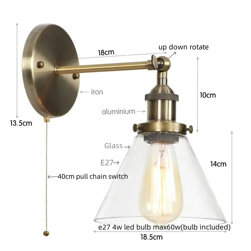 Rustic antique copper clear glass wall sconce with brass finish and conical shade for bedroom decorbites clear glass lighting