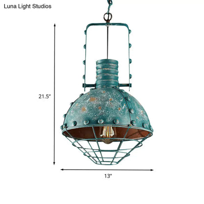 Rustic Aqua Hanging Pendant with Domed Shade - Wire Cage Iron Down Lighting for Restaurants