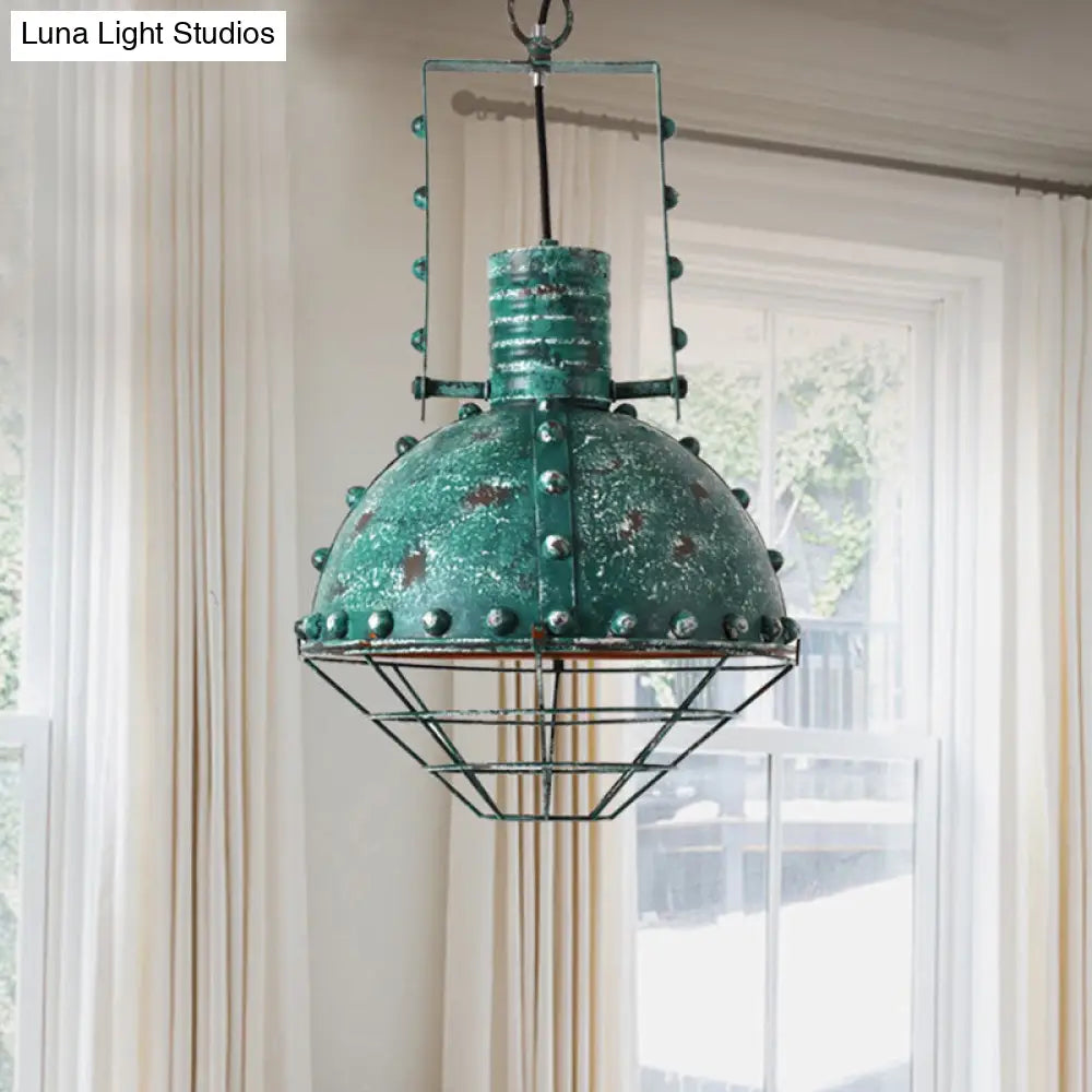 Rustic Aqua Hanging Pendant with Domed Shade - Wire Cage Iron Down Lighting for Restaurants