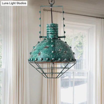 Rustic Aqua Hanging Pendant with Domed Shade - Wire Cage Iron Down Lighting for Restaurants