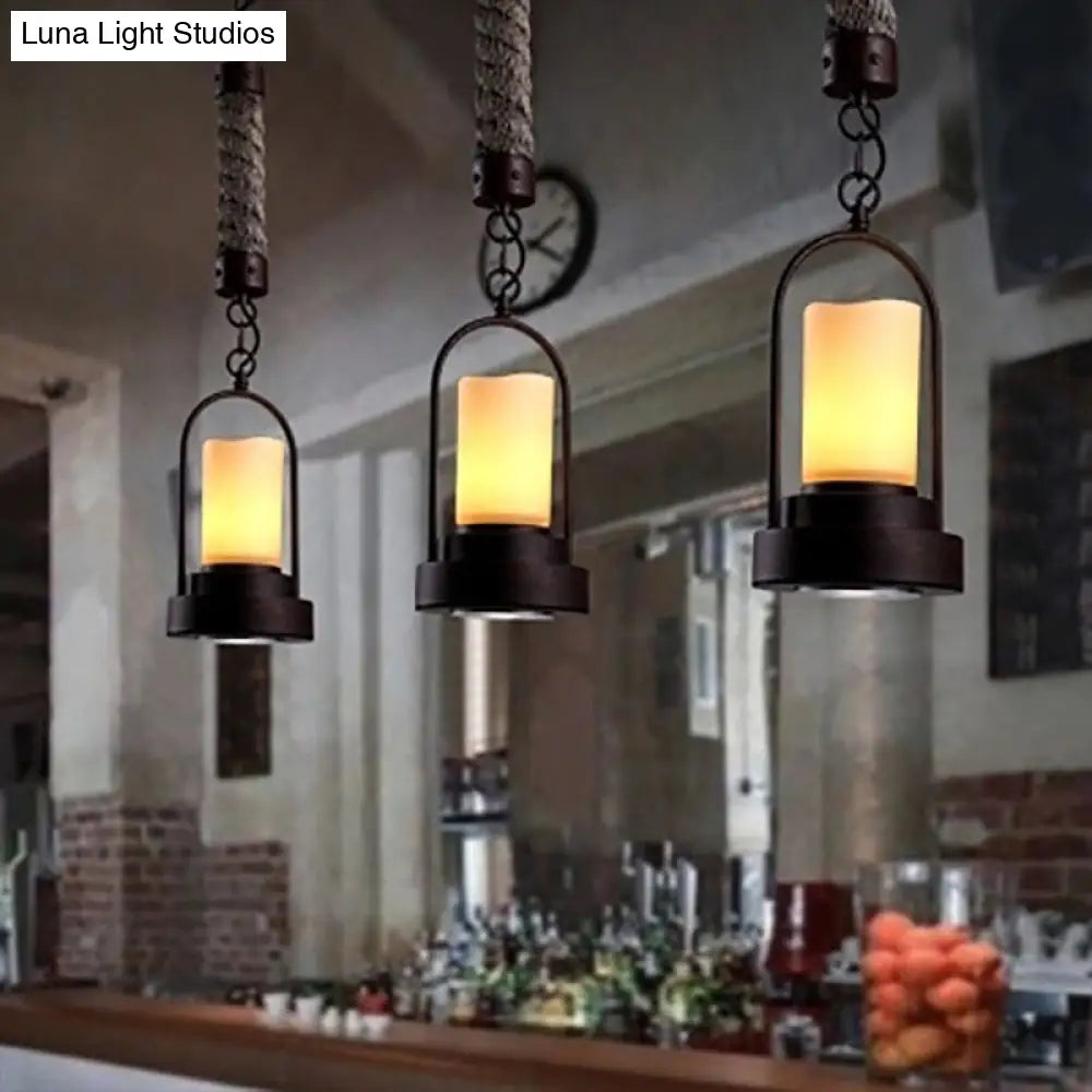 Rustic Arched Pendant Light with Retro Metallic Design - Single Kitchen Bar Down Light with Candle and Rope Accent