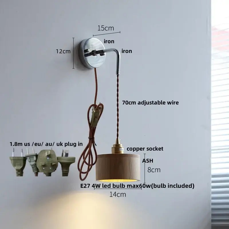 Rustic ash wood led wall light with cylindrical wooden shade chrome iron mounting and adjustable wire for bedroom use