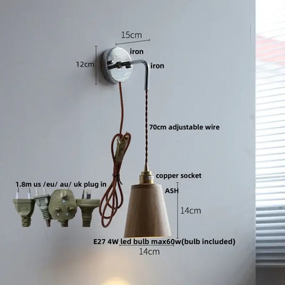 Minimalist wall light with polished iron bracket, adjustable copper wire, and ash wood led shade for bedroom use