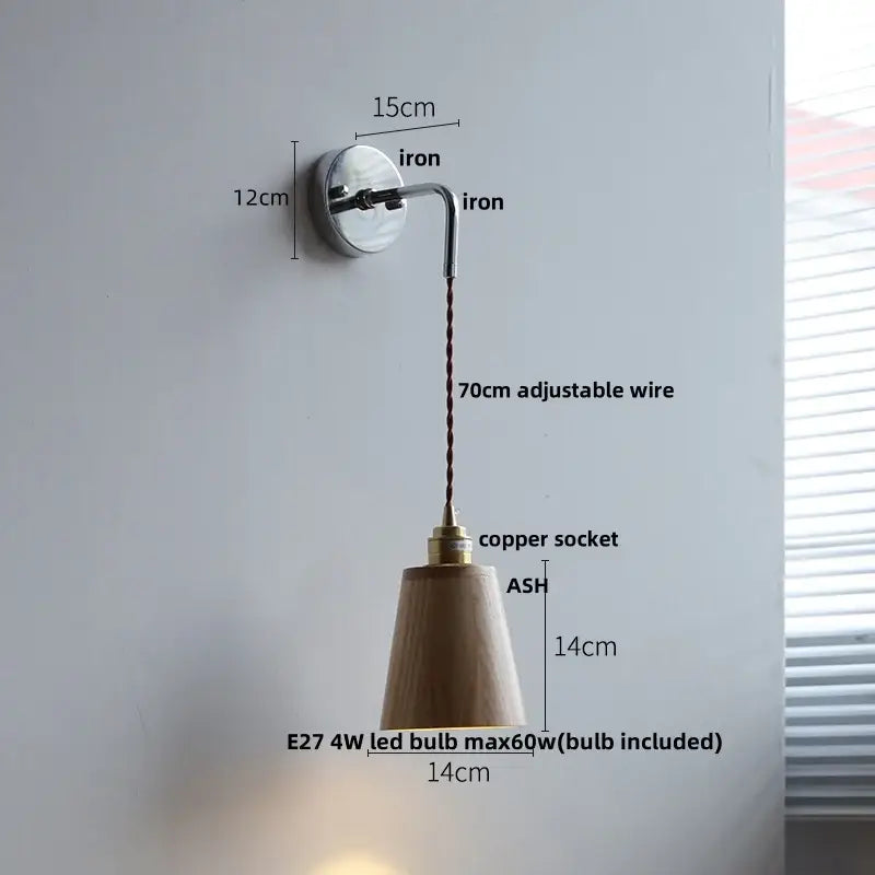 Rustic ash wood led wall light with matte conical shade, chrome bracket, and pull chain for bedroom use