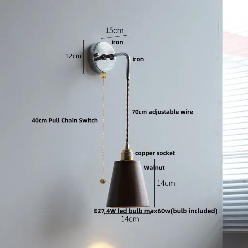 Rustic ash wood led wall light with dark walnut shade, polished iron arm, copper socket, and pull chain for bedroom use