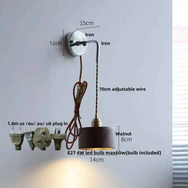 Rustic ash wood led wall light with dark walnut cylindrical shade and polished iron bracket for bedroom lighting