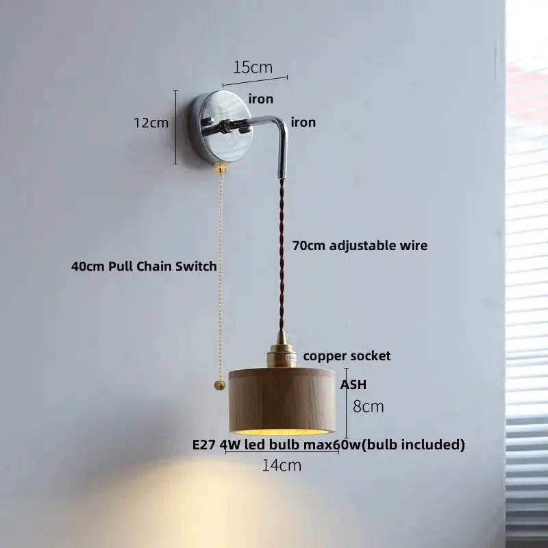 Rustic ash wood led wall light with warm wooden shade, polished iron bracket, adjustable copper wire, and pull chain