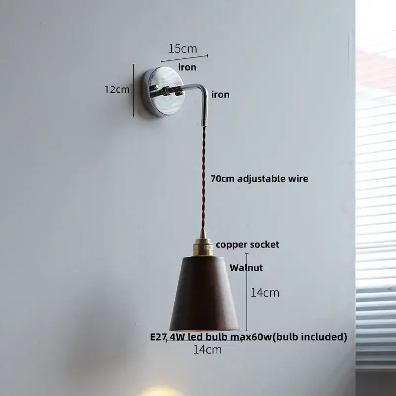 Rustic ash wood led wall light with pull chain featuring a dark walnut shade and adjustable copper socket for bedroom use