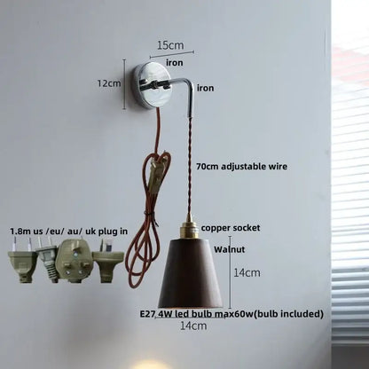 Rustic ash wood led wall light featuring a dark walnut shade, polished iron bracket, and adjustable copper socket