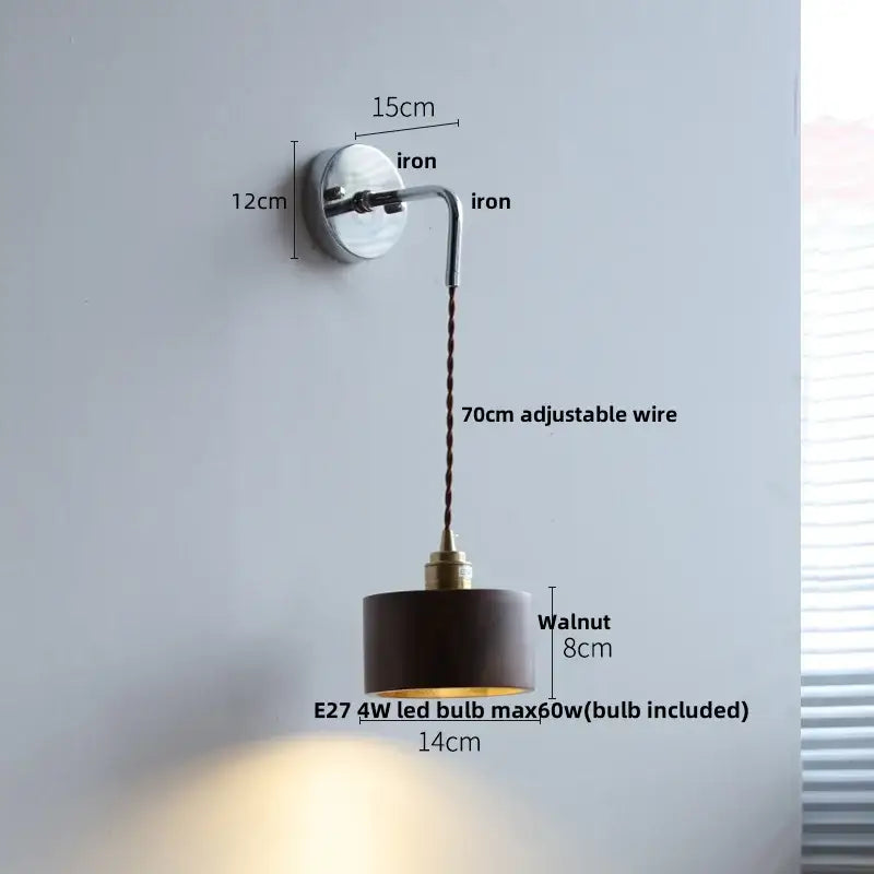 Rustic ash wood led wall light with pull chain featuring a polished iron base and walnut-finished cylindrical shade