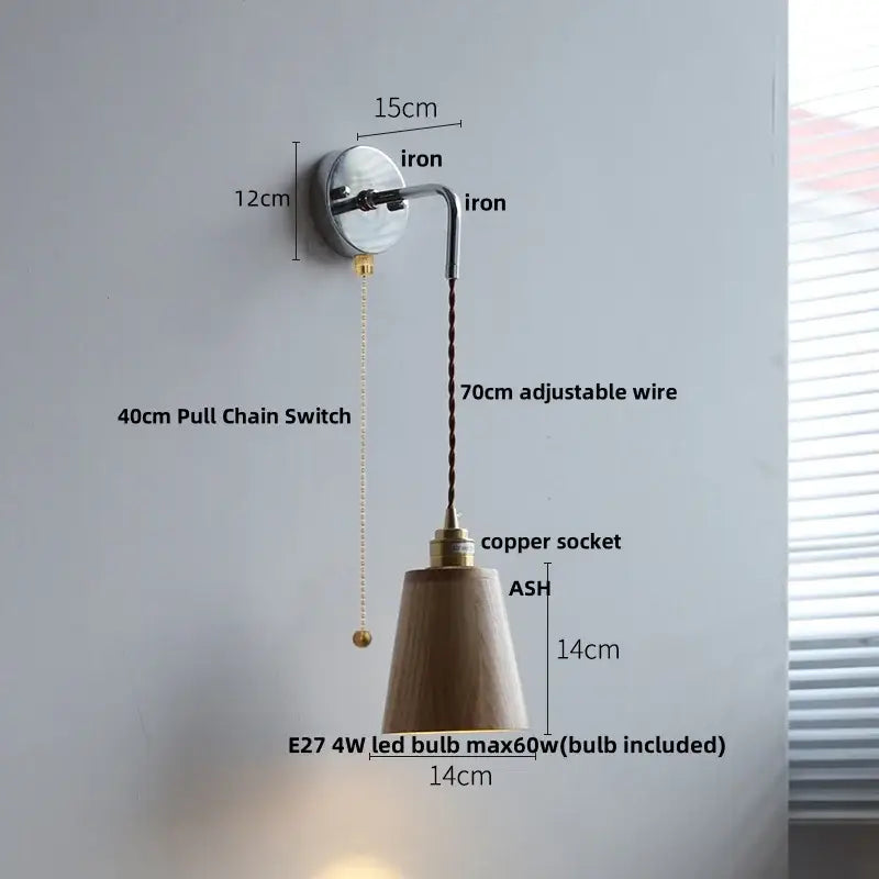 Rustic ash wood led wall light with polished iron bracket copper socket and natural wood shade for bedroom use