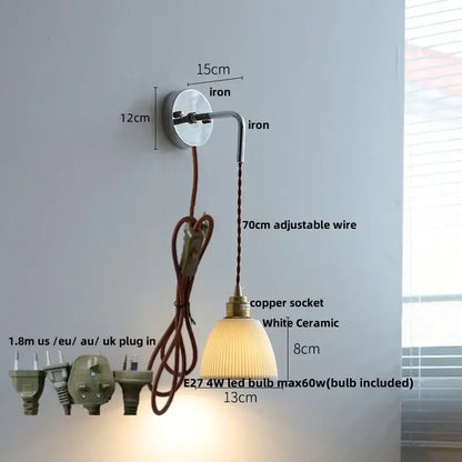 Rustic ash wood led wall light with polished iron bracket, adjustable copper wire, white ceramic shade, and pull chain for bedroom use