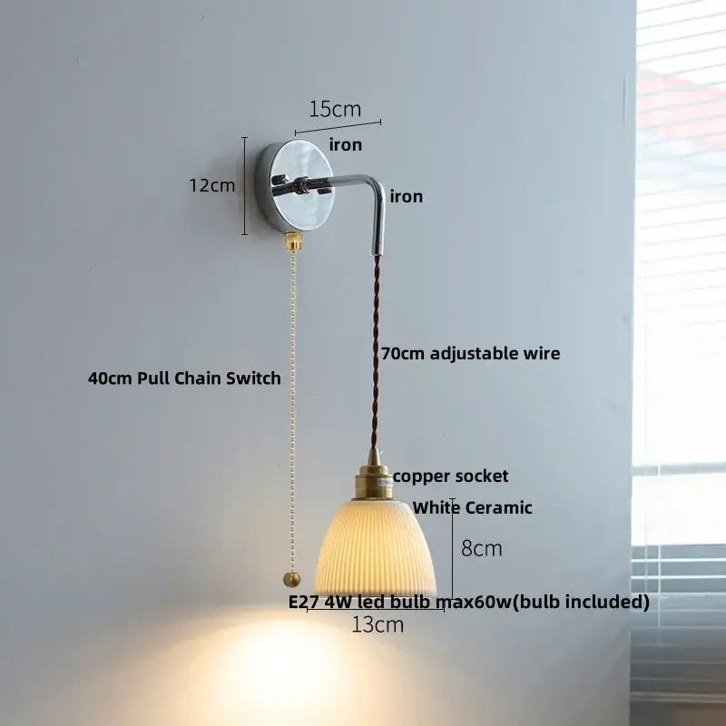 Rustic ash wood led wall light with polished iron arm white ceramic lampshade and adjustable copper socket wall light