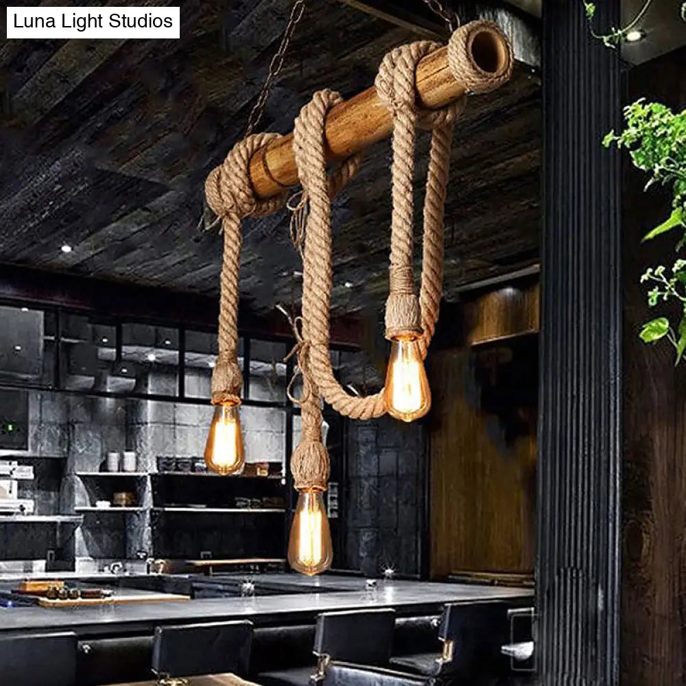 مصباح معلق ريفي من الخيزران من DecorBites™ بتصميم لمبة عارية - إضاءة جزيرة غرفة الطعام باللون البني