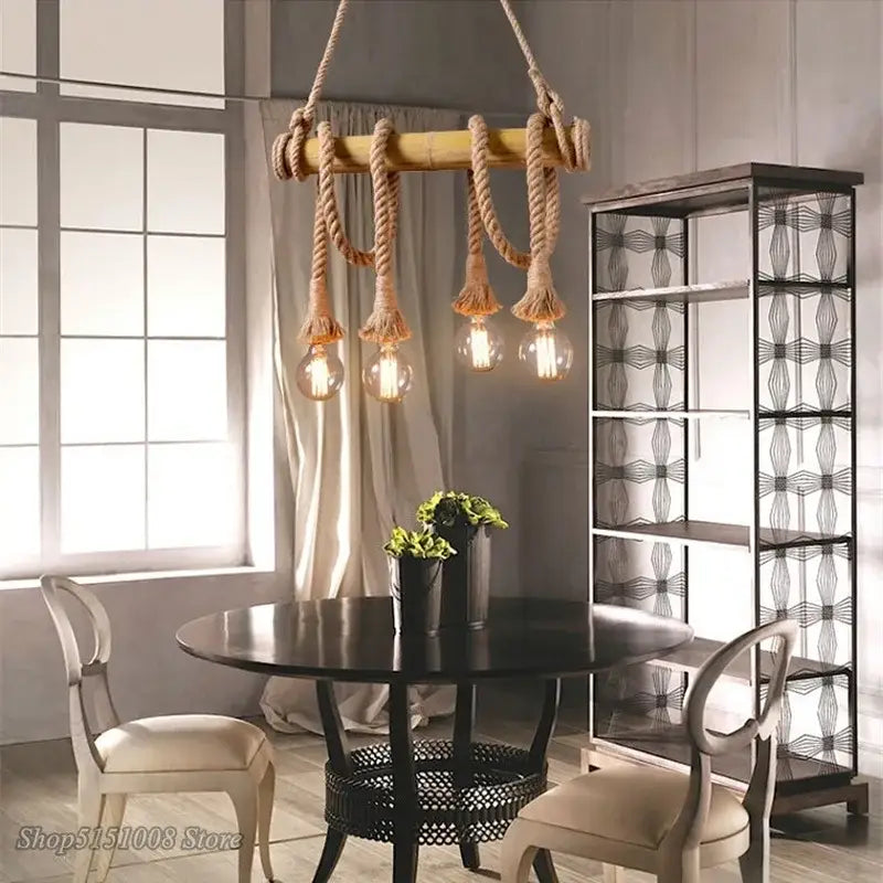 Rustic bamboo hemp rope pendant lights with natural bamboo rod and beige rope suspension featuring Edison bulbs
