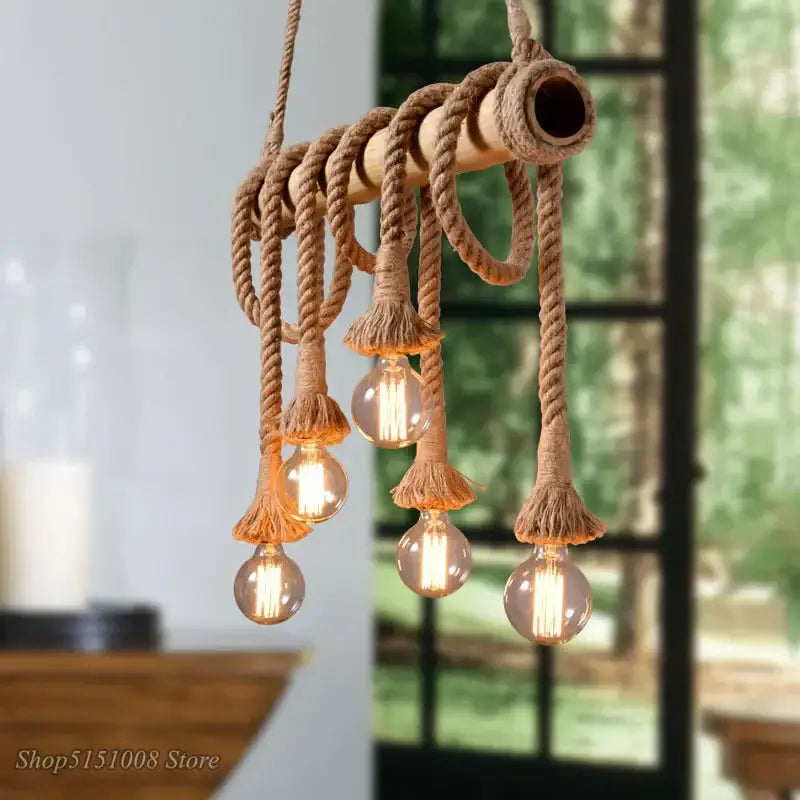 Rustic bamboo hemp rope pendant light with exposed filament bulbs ideal for kitchen chandelier decorbites hemp rope design