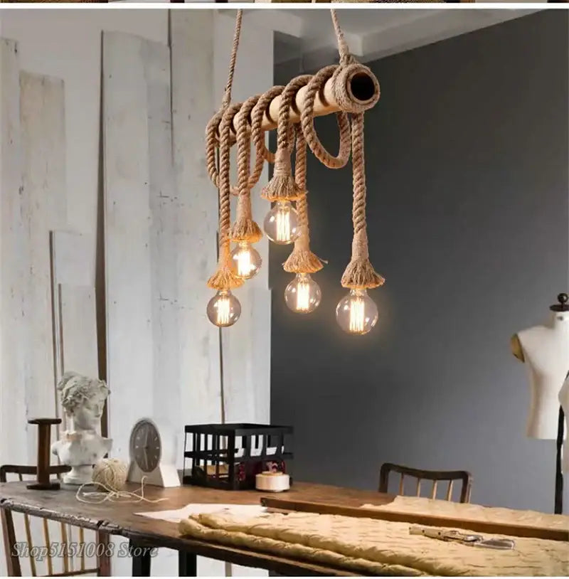 Rustic bamboo hemp rope pendant lights featuring rope-wrapped industrial pendant lights with exposed bulb fixtures