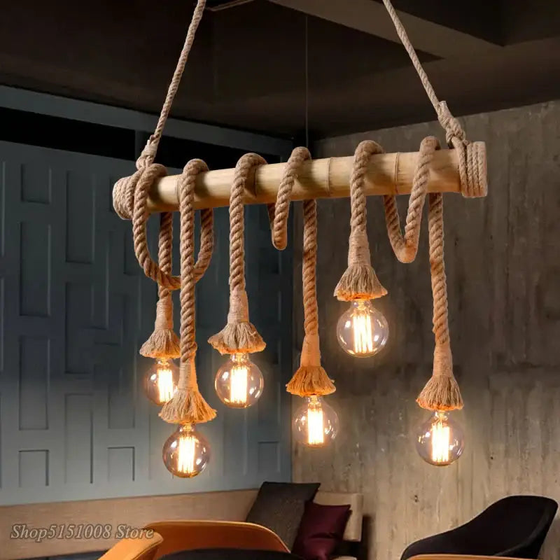 Rustic bamboo hemp rope pendant lights with five glowing bulbs for kitchen chandelier decorbites hemp rope style