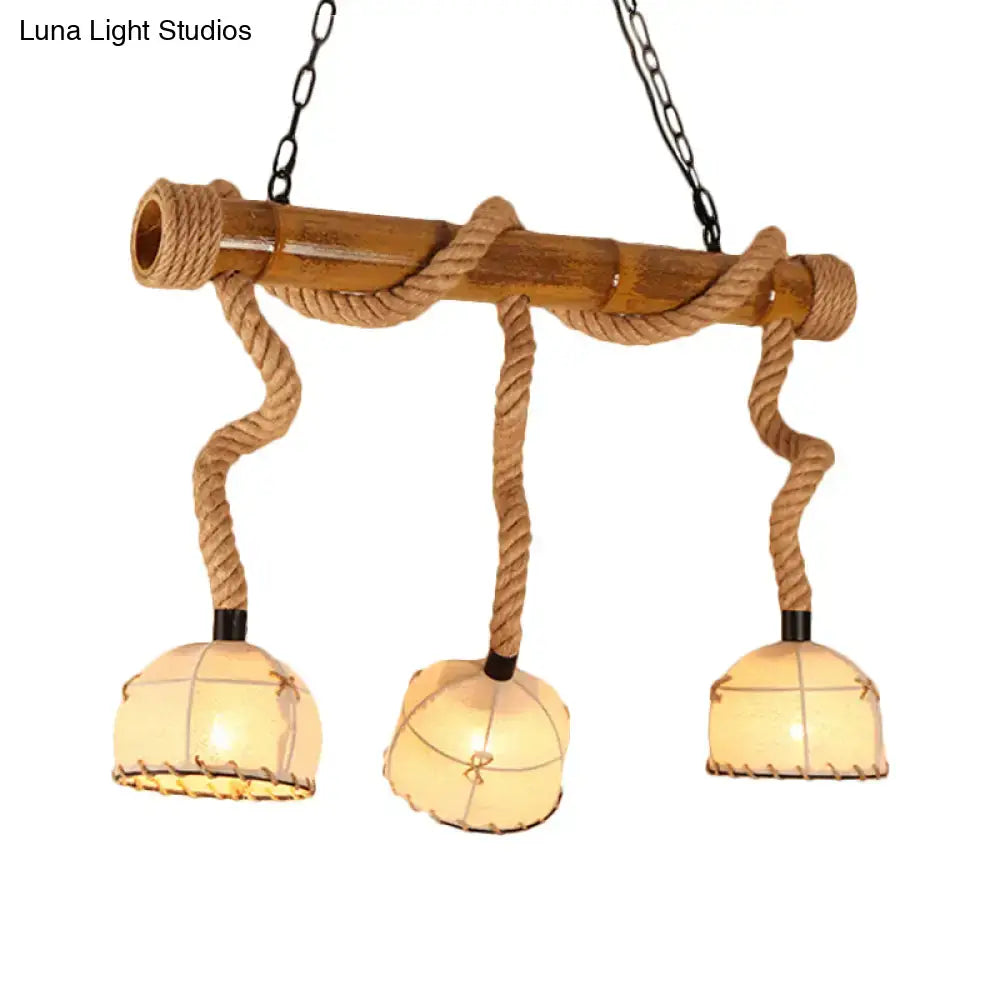 DecorBites™ lodge style island pendant light with three warm fabric dome shades and beige hemp rope chain cord length accents
