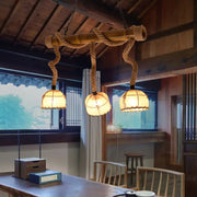Rustic DecorBites™ lodge style island pendant light with three fabric dome lanterns and beige hemp rope chain cord length