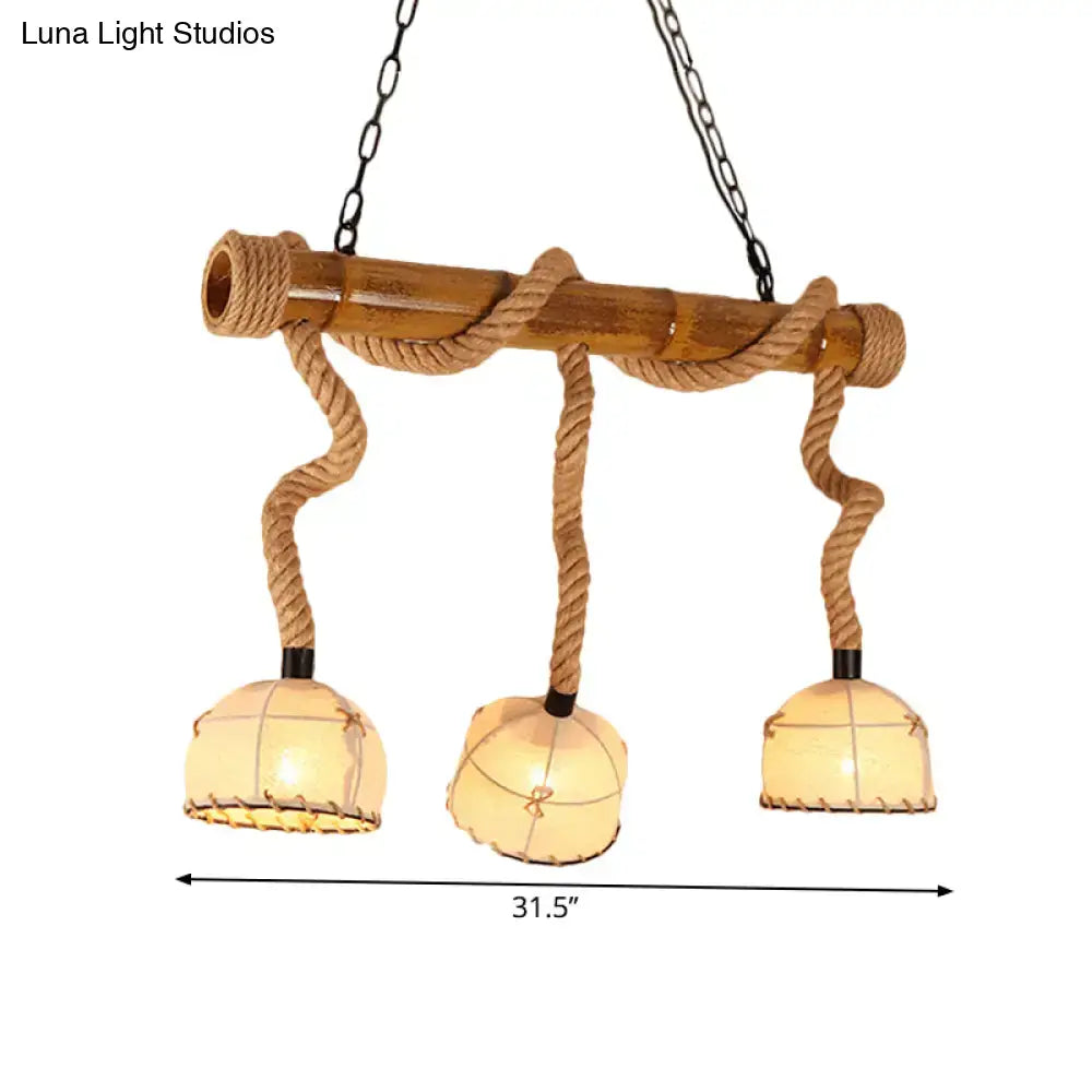 DecorBites™ lodge style island pendant light with beige hemp rope, fabric dome shades, and adjustable chain cord length