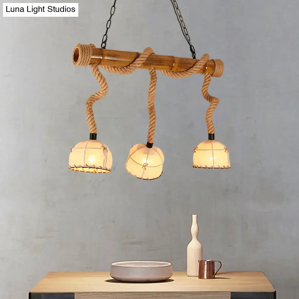 DecorBites lodge style island pendant light with three warm fabric dome shades and beige hemp rope chain cord length